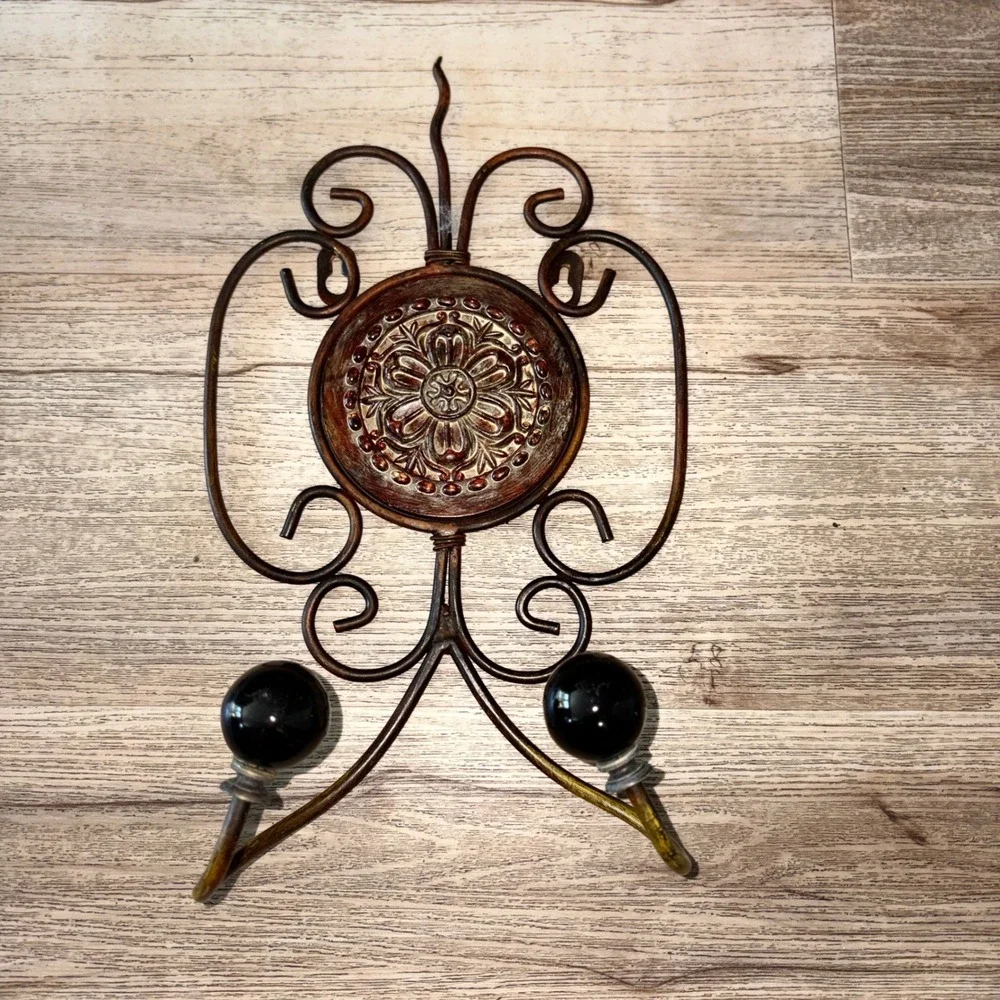 3pc Bronze Ornate Wrought Iron Bath Wall Decor Set Towel Bar Double Hook Shelf